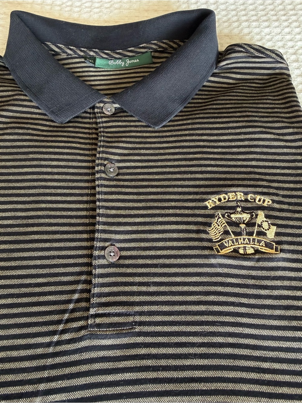 Vintage Bobby Jones Ryder Cup Black & Gray Striped Polo 2008 Ryder Cup Crest - Picture 2 of 6
